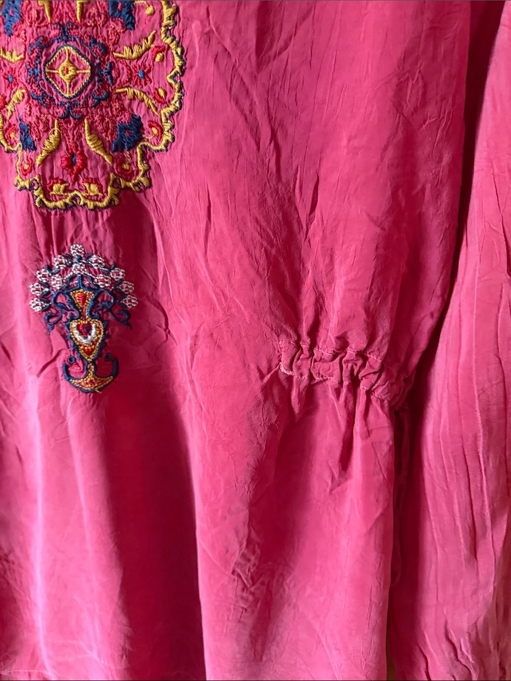 Johnny Was long sleeve Embroidered Drawstring Waist Blouse Medium, berry color